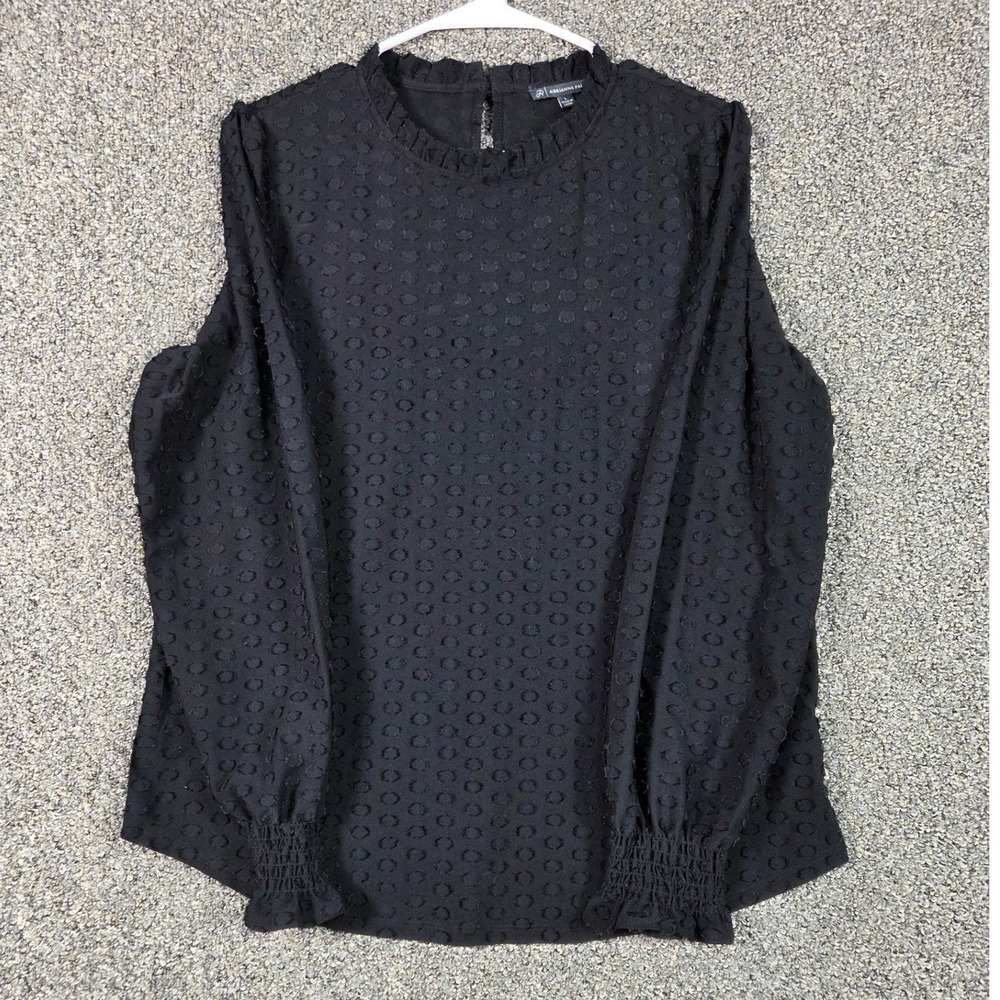 Adrianna‎ Papell Blouse Women Large Black Clip Dot Ruffle Neck Long Sleeve